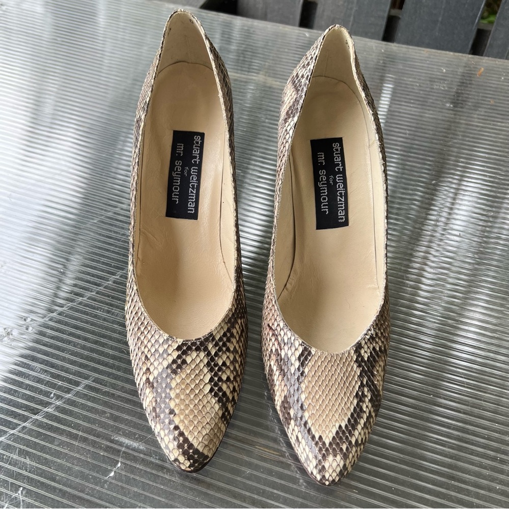 Women’s snake print high heels Stuart Weitzman for Mr. Seymour.